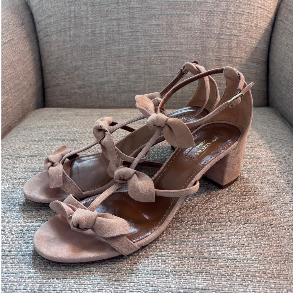 Aquazzura St Tropez Blush Pink Suede Bow Block Heel 50mm Sandals Size‎ 38 Italy